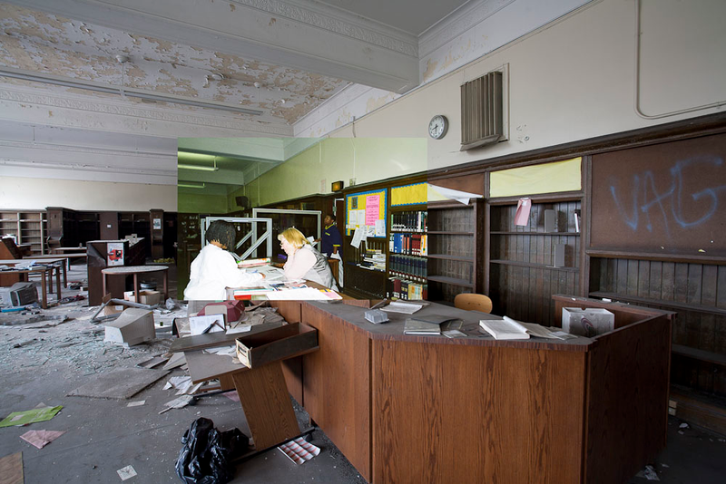 Illustration for article titled Composite photos show a Detroit school before and after it was abandoned